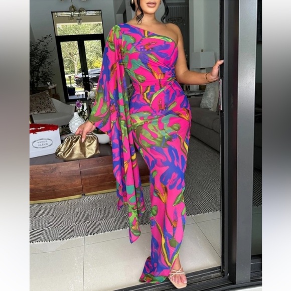 Pants - Multicolour One Shoulder Tropical Print Maxi Dress Size XXL